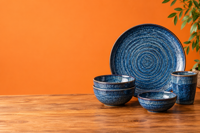 Blue tableware on an orange background
