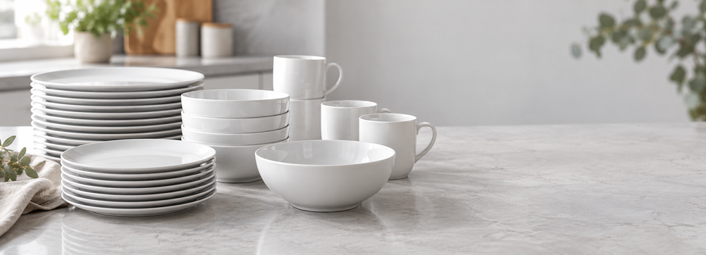 White ceramic tableware styled on a light stone counter