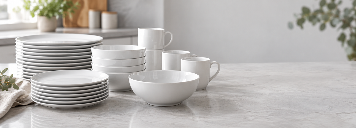 White ceramic tableware styled on a light stone counter