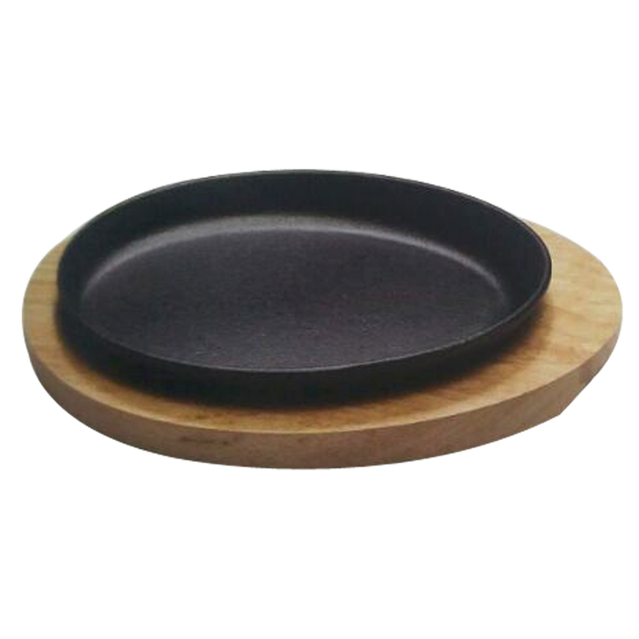 Oval Cast Iron Sizzling Platter with Wooden Trivet / Size 9", 10", 11"